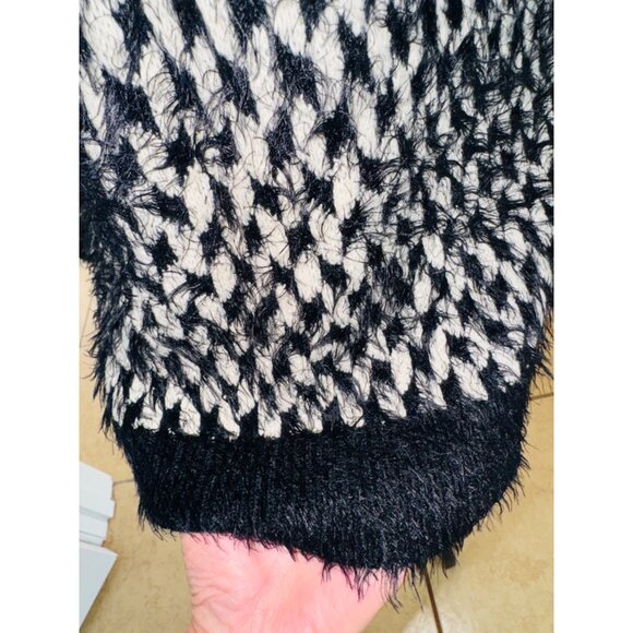 Mixumi Black White Herringbone Cozy Soft Eyelash Checkered Long Sweater Dress - Picture 9 of 11